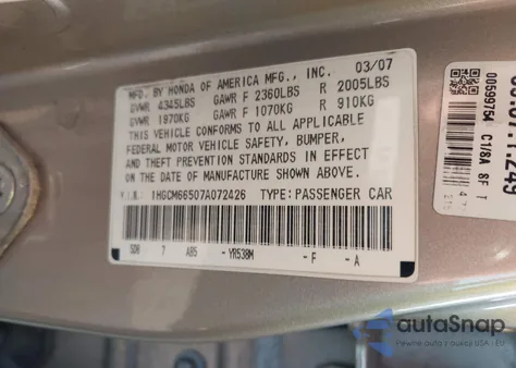 2007 Honda Accord 3.0 Ex from USA, damaged, VIN 1HGCM66507A072426